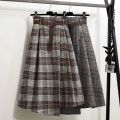 Gray Plaid Vintage Woolen Sashe Elastic High Waist A-line Loose Women's Skirt Mid-Calf Long Skirts For Women Clothing Fashion. 