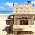 3D wooden house jigsaw puzzle model, DIY construction kit, creative treehouse building set, wooden interlocking blocks. 
