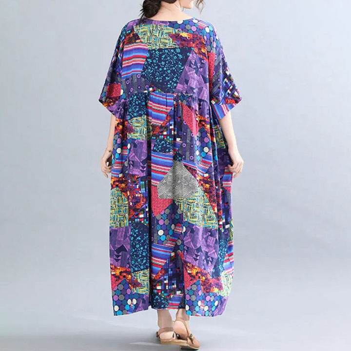 Plus%20size%20women's%20dress,%20abstract%20pattern%20printed%20short%20sleeved%20round%20neck%20ultra%20loose%20robe,%20summer%20beach%20dress%20with%20pockets%20-%20Image%202
