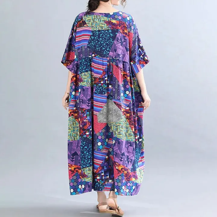 Plus%20size%20women's%20dress,%20abstract%20pattern%20printed%20short%20sleeved%20round%20neck%20ultra%20loose%20robe,%20summer%20beach%20dress%20with%20pockets%20-%20Image%202