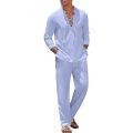 2pcs Set Men's Cotton Linen Shirt and Pants Suits for Men Beach Wear Tracksuit Solid Color Shirts Sweatpants Hawaiian Vacation.