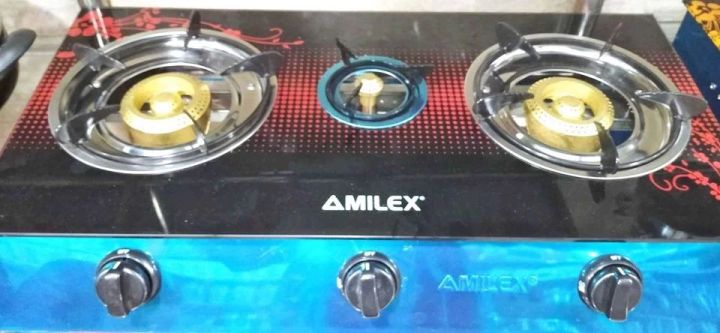 Gas cooker triple burner tempered glass top Amilex brand