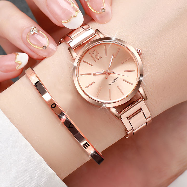 2PCS%20Women's%20Watch%20Fashion%20Gold%20Steel%20Band%20Quartz%20Wristwatch%20Opening%20Cuff%20Bracelet%20Set%20girls%20watch%20-%20Image%202