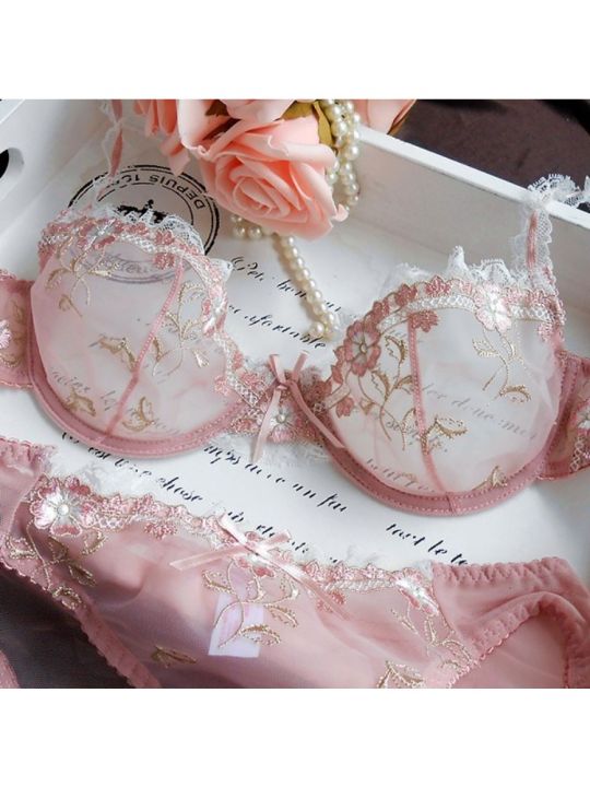 Luxury European and American Women Thin Big Size 34-42 ABC Chest Small Lace Transparent Sensual Lingerie Set Perspective Winter