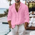 Cotton Linen Shirt for Men Summer Beach Style Solid Color Single Breasted Breathable Shirts Lightweight Stylish Button Tops.