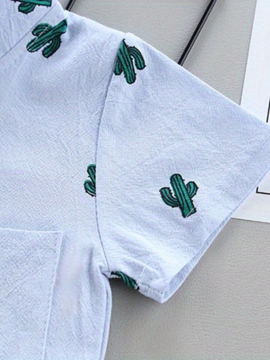 Infant%20Toddler%20Summer%20Full%20Print%20Cactus%20Pattern%20Short%20Sleeve%20Shirt%20And%20Shorts%20Set%20Outdoor%20Standing%20Collar%20Two-Piece%20Outfit%20-%20Image%204