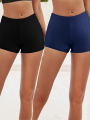 2pcs Women's Solid Color High Stretch Slimming Swim Shorts - Casual Beach Bottoms. 