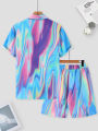 Men's Trendy Iridescent Holographic Set Gradient Tie Dye Short Sleeve Shirt & Drawstring Shorts Vacation 2 Piece Outfit 2.