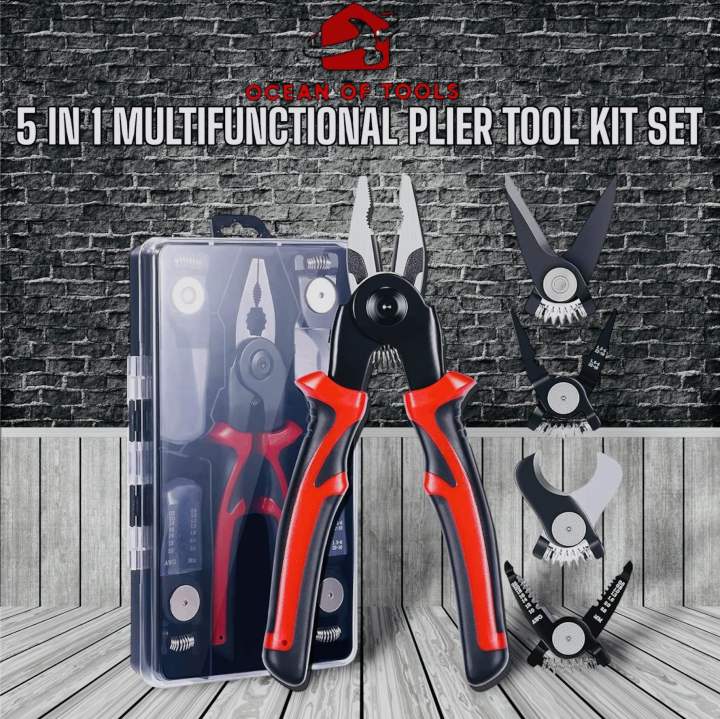 5 in 1 multifunctional Pliers Tool Kit With 5 Interchangeable Heads Special For Electricians Pliers,Cable Cutting,Wire Stripping,Crimping Tools,Sheet Metal Shear etc