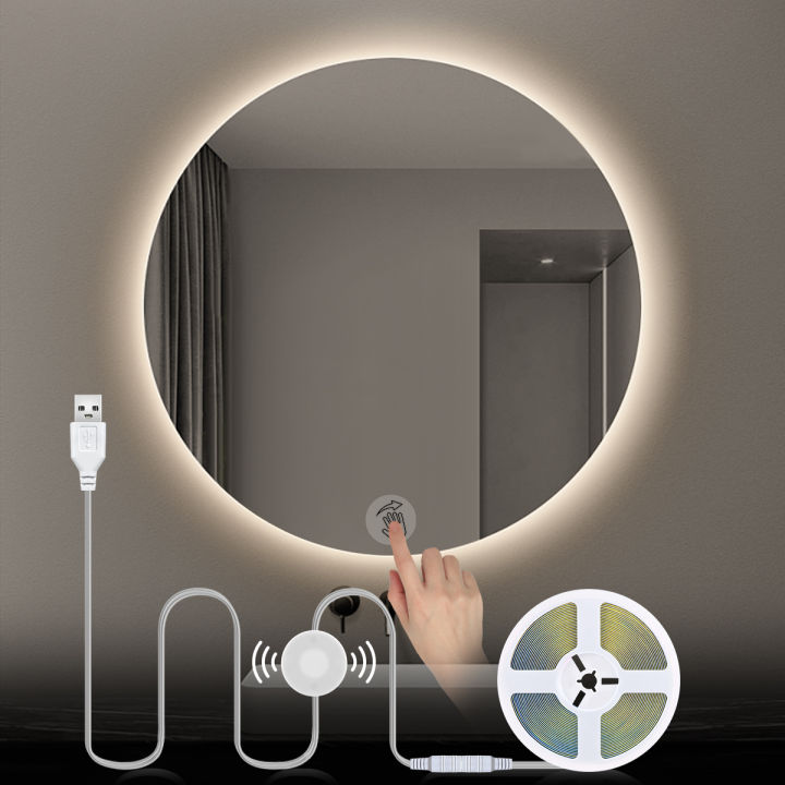 USB 5V COB LED Strip Makeup Vanity Light Penetrable Glass Touch Dimmer DIY Bathroom Dressing Table Mirror BackLight Lighting