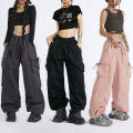 Big Size Female High Street Cargo Pants Lady Baggy High Waist Straight Leg Trousers Girls Classic Fashion Drawstring Pants. 