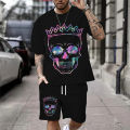 Summer New Casual Men's Skull Print T-Shirt Set Fashion Streetwear Tees Loose Oversized Breathable Soft Short Sleeves And Shorts. 