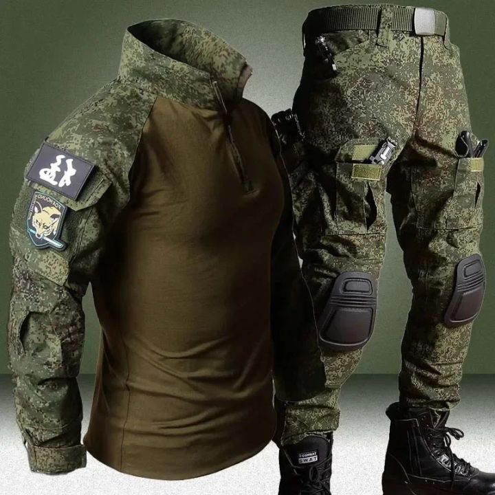 RU Camo  Sets Men Outdoor Breathable Long Sleeve T Shirts+Multi-pocket Straight Cargo Pant 2Pcs Suit Training Combat Set