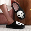 Punisher Skull Pattern Fashion Embroider Plush Home Thick-Soled Comfortable Woolen Cotton Slippers Personalized Warm Non-Slip Indoor Slippers for Men and Women Can Wear Halloween Christmas Gifts. 