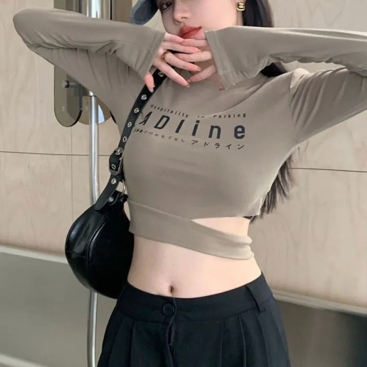 Summer%20fashion%20women's%20long%20sleeve%20T-shirt%20women's%20round%20neck%20T-shirt%20fashion%20blouse%20women%20waist%20cropped%20top%20-%20Image%202