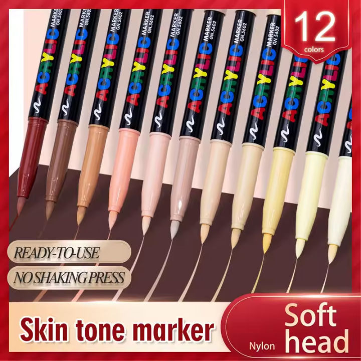 AngelMark Skin Tones Soft Art Markers Acrylic Paint Pens 12 colors for Sketch Portrait Manga Drawing Illustration Sketching Art