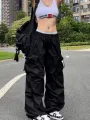 Y2K Parachute Black Pants Women Hippie Streetwear Oversize Pockets Cargo Trousers Harajuku Wide Leg Baggy Sweatpants. 