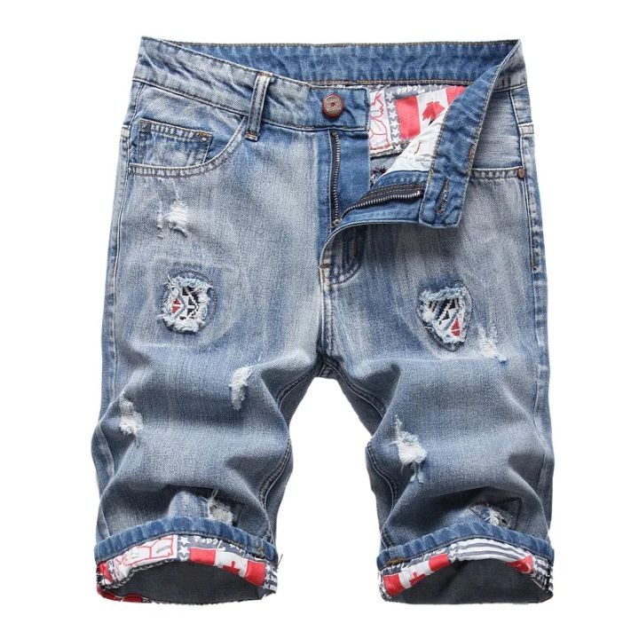 Personalized Ripped Denim Shorts for Men, Retro and Nostalgic Hip-hop High Street Stretch Straight Fashion Short Jeans Male
