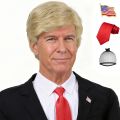 Synthetic 3pc Donald Costume Kit Red Tie Flag Pin Compatible with Pres Donald Wig Halloween Costume for Adults Couples Cosplay. 