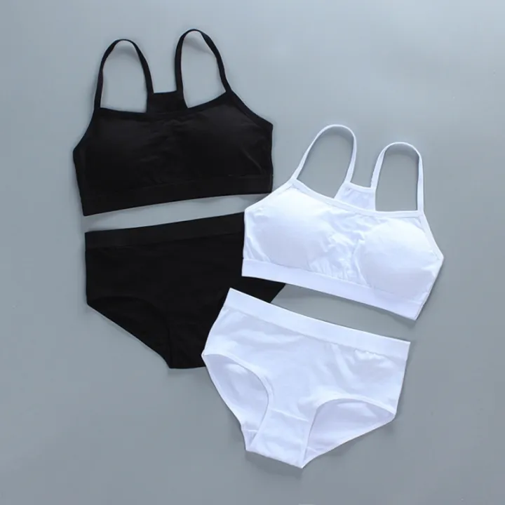 Girls Training Bras Panties Solid Kids Cotton Underwear Sets Teens Students Bra Vest and Panties Wireless Girls Cotton Bra 8-18Y