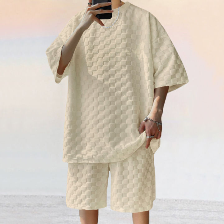 European and American Oversized Fashion Brand Men's Summer New Chessboard Plaid Loose Sports and Leisure Two-Piece Set