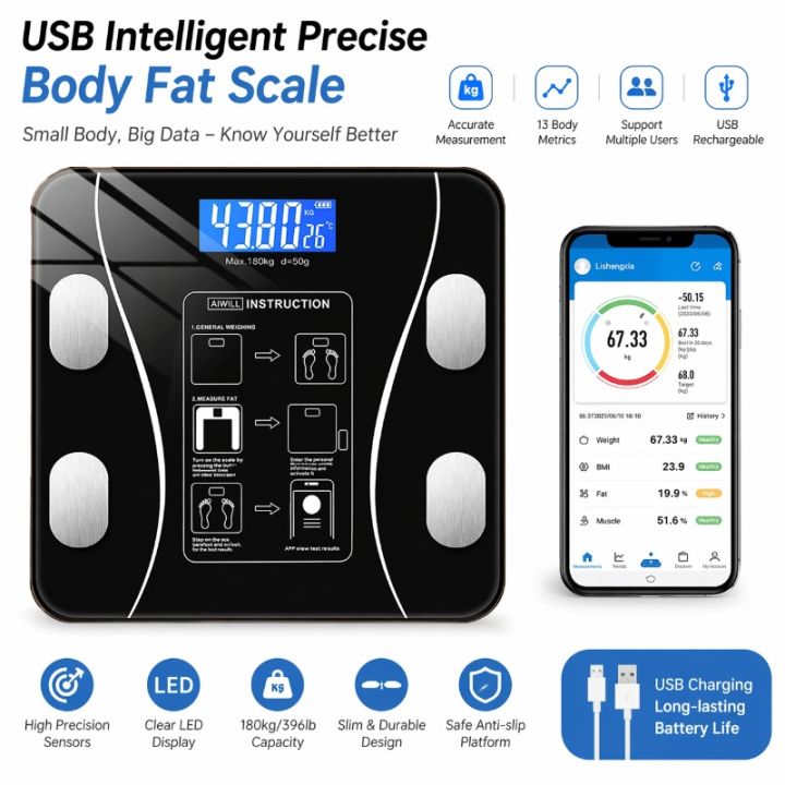 1Pcs USB Smart Body Fat Scale Rechargeable Digital Electronic Precise Weighing Balance With App 13 Metrics For Home Bathroom Gym