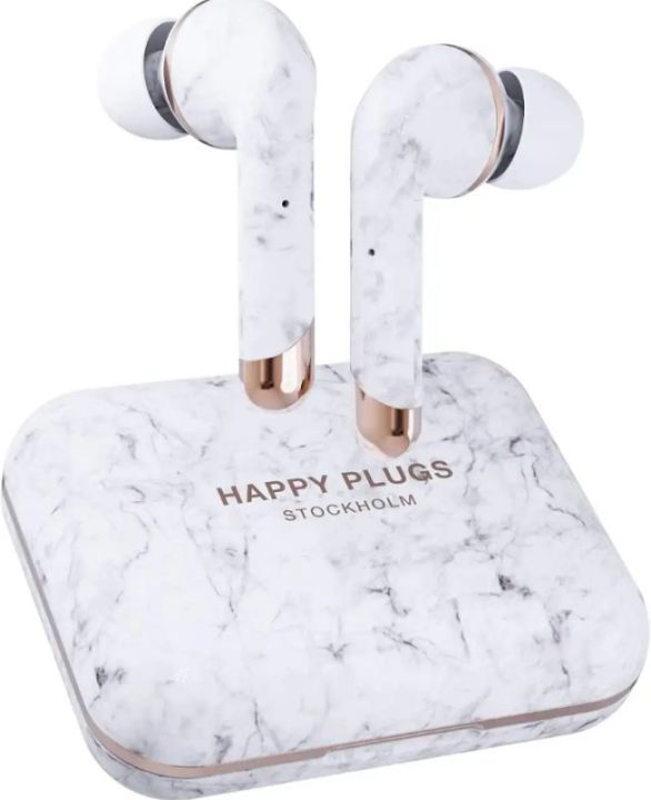 Happy Plugs Air 1 Plus - Luxury Wireless in-Ear Earbuds - Design Bluetooth Headphones with Charging Case and Built-in Microphones - Up to 40 Hours Playtime - White Marble