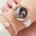 4pcs/set Women's Shiny Rhinestone Quartz Watch Analog PU Leather Wrist Watch  Faux Pearl Jewelry Set Girls Gift（Without Box）. 