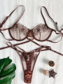 High-End Floral Embroidered Underwire Bra Set, Women's Mesh Unlined Bra + Panties.