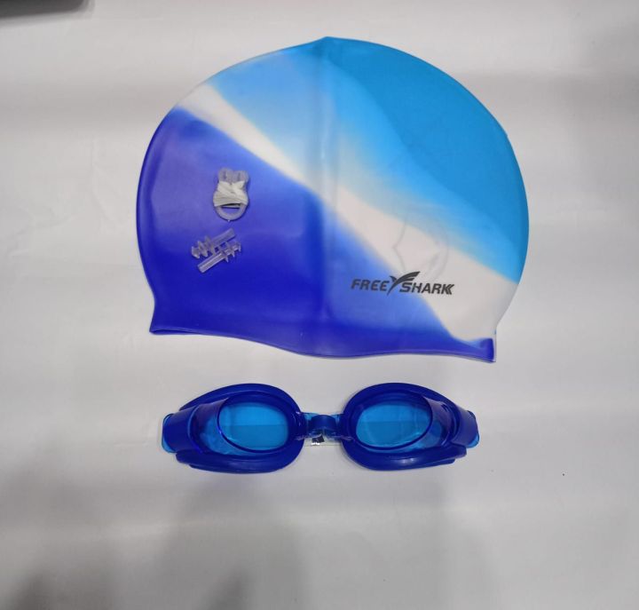 Swimming Goggles & Swimming Caps for Men & Women with Silicon Nose Bridge | Waterproof | Free Size Cap, UV-Protected Anti-Fog Glasses, Adjustable Strap with Ear Plugs & Nose Clip