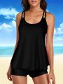 MOXDOWomen's Flowy Tankini Set, Two-Piece Beach Vacation Swimsuit with Double-Strap Detail. 
