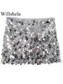 Willshela Women Fashion With Sequined Solid Side Zipper Mini Skirt Vintage High Waist Female Chic Lady Skirts. 