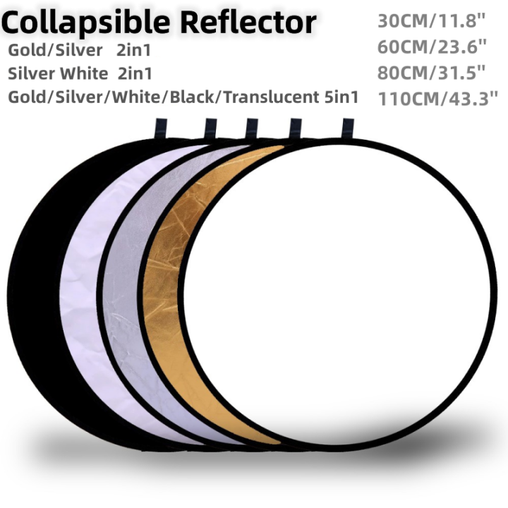 RF01 24" Reflector 5in1 30CM 60CM 80CM 110CM Silver White Gold Portable Collapsible Soft Light Round Photography for Studio 2in1