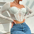 Chic V Neck Long Sleeve Mesh Crop Top, Women Black Backless Lace Embroidery Hollow Out Slim Comfortable Casual Wear Blouse.