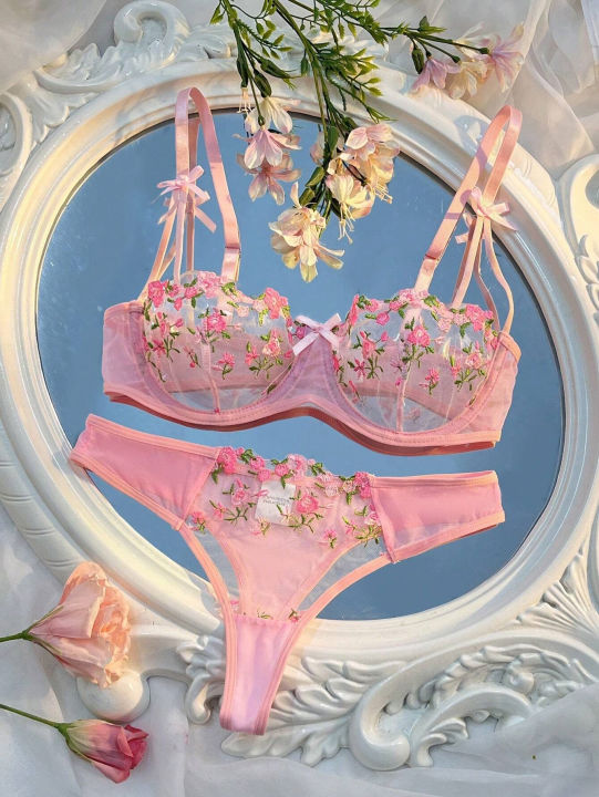 Sweety%20Women%20Floral%20Embroidery%20Bra%20And%20Briefs%20Set%20Hollow%20Sleepwear%20Underwear%20Ultrathin%20Lace%20Transparent%20Babydoll%20Cute%20No-pad%20Bow%20-%20Image%203