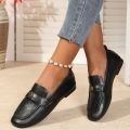 Women's Leather Flat Loafers with Gold-Tone Flower Accessory Round Apron Toe Low Block Heel Comfortable & Office Dress Shoes. 