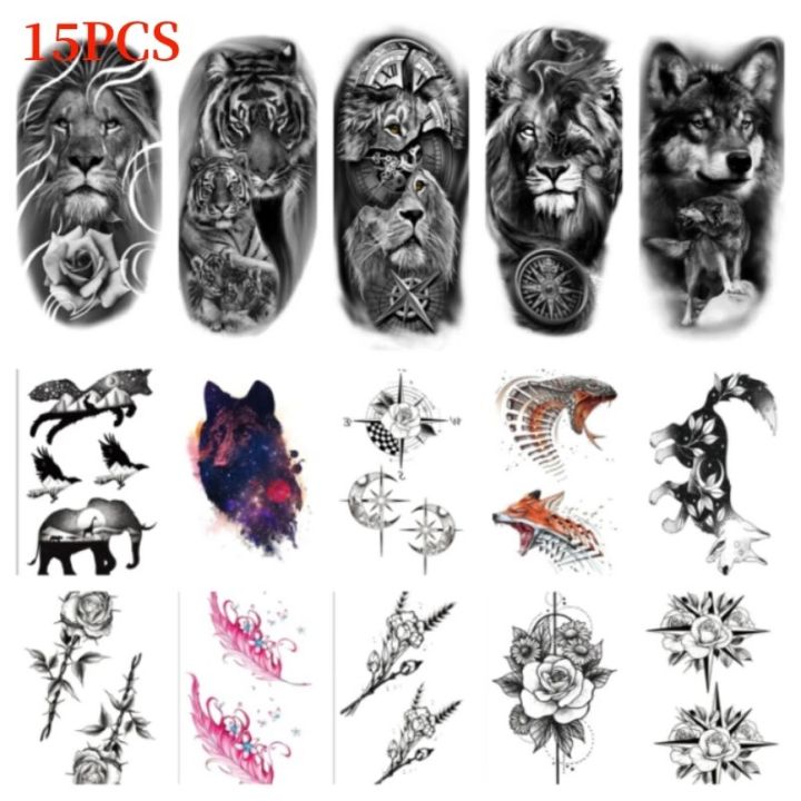 15pcs%20Disposable%20Waterproof%20Tattoo%20Sticker%20Lion%20Tiger%20and%20Snake%20Fierce%20Animal%20Series%20Waterproof%20Realistic%20Tattoo%20Sticker%20Paper%20-%20Image%205