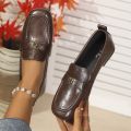 Women's Leather Flat Loafers with Gold-Tone Flower Accessory Round Apron Toe Low Block Heel Comfortable & Office Dress Shoes. 