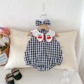 Korean-style summer baby girl cherry embroidered plaid sleeveless jumpsuit, baby girl comfortable and cute sleeveless jumpsuit w. 