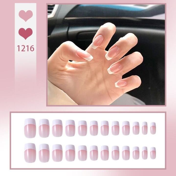 Naiis 24 PCs fake nails with giue short/iong fake nails RT LCE Camellia transparent powder Pearl nail