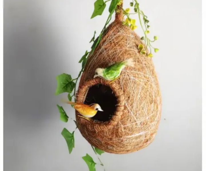 One Hanging Bird Nest with two birds & plant for home and garden decor. Babui Pakhir Bas...