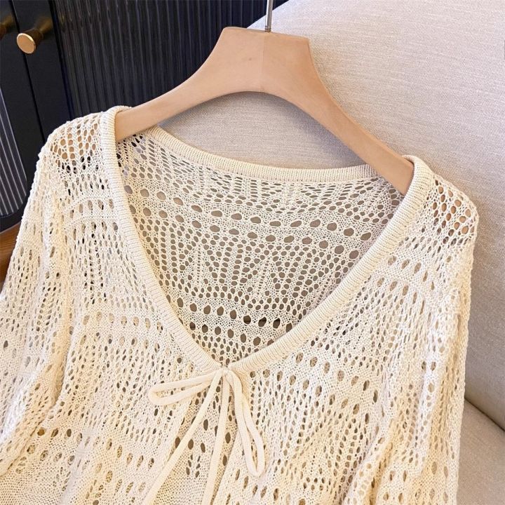 Women's%20Summer%20Lace%20Knit%20Cardigan%20Long%20Sleeve%20V-neck%20Openwork%20Crochet%20Tie%20Front%20Sun%20Protective%20Shawl%20Versatile%20Cover-Up%20for%20Fall%20-%20Image%203