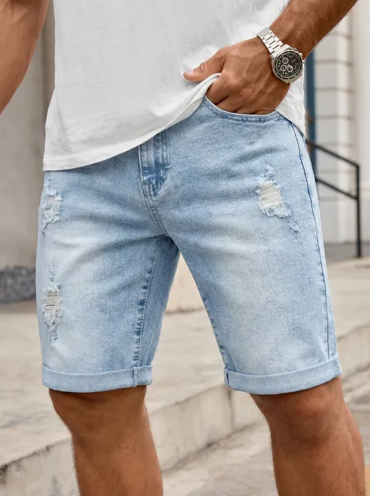 Men%20Denim%20Jeans%20Pants%20Clothing%20Trousers%20Shorts%20Men's%20Light%20Wash%20Ripped%20Rolled%20Cuff%20Denim%20Shorts%20-%20Image%206