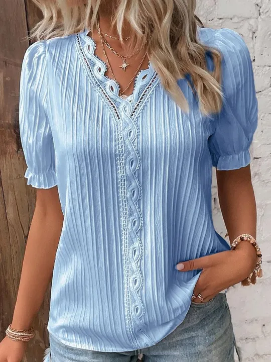 Plus%20Size%20Women's%20Shirt%20Blouse%20Yellow-green%20Violets%20White%20Plain%20Lace%20Short%20Sleeve%20Casual%20Basic%20V%20Neck%20Regular%20Pullover%20White%20Blo%20-%20Image%202
