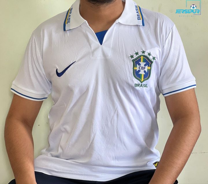 Brazil White Jersey with Collar, Half Sleeve Slim Fit