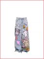 Doodle-printed Jeans American Casual Style Vintage Straight-cut Loose-fitting High-street Wide-leg Pants Y2k Baggy Jeans Ladies.