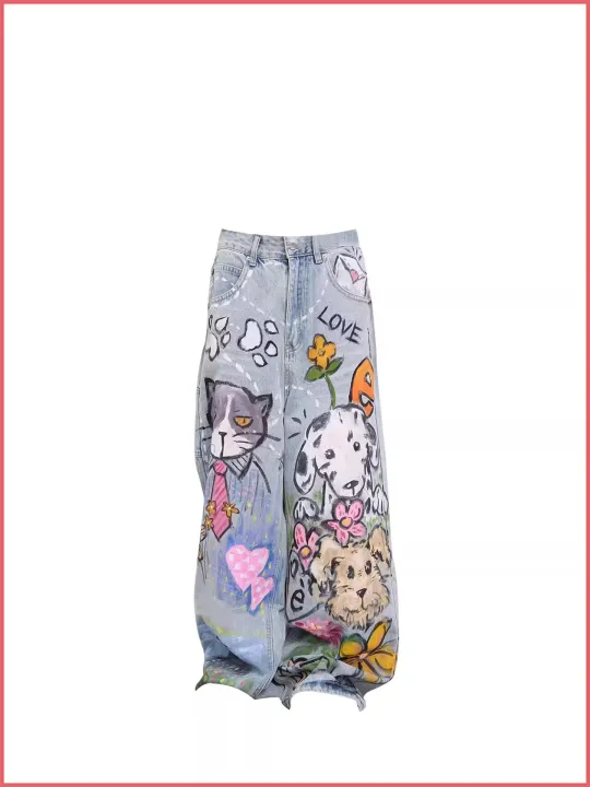 Doodle-printed%20Jeans%20American%20Casual%20Style%20Vintage%20Straight-cut%20Loose-fitting%20High-street%20Wide-leg%20Pants%20Y2k%20Baggy%20Jeans%20Ladies%20-%20Image%205