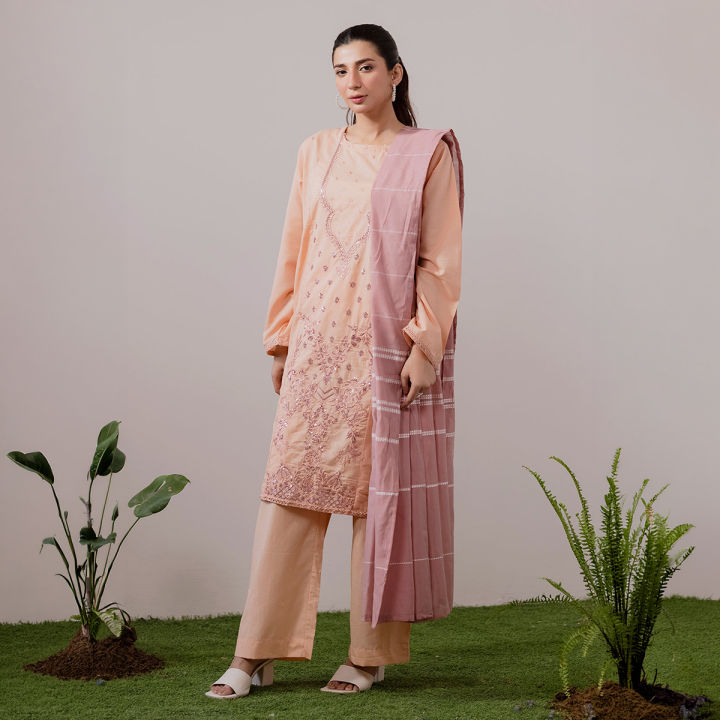 Zellbury Embroidered 3 Piece Textured Lawn Embroidered Kurta Dupatta Trouser - 1991 - RTW - Stitched Suit For Women - Dress For Girls - Essential Pret - Summer