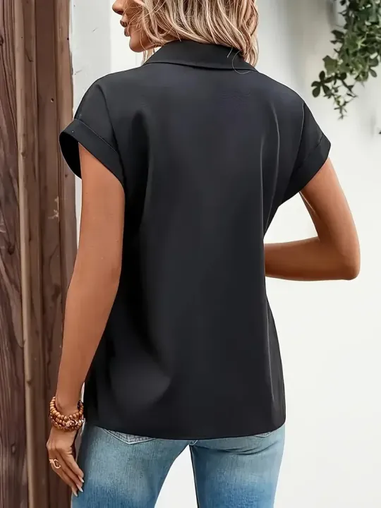 Ladies%20Casual%20Plus%20Size%201XL-5XL%20Short%20Sleeve%20Elegant%20Solid%20Color%20Shirt%20Women's%20Black%20Zip-Up%20Blouse%20Button%20Lapel%20%20Blouse%20Shirt%20-%20Image%203