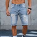 Shorts Pants Jeans Men Clothing Trousers Denim , 2026 Summer Men's Light Blue Ripped Denim Shorts, Distressed Straight Fit Knee. 
